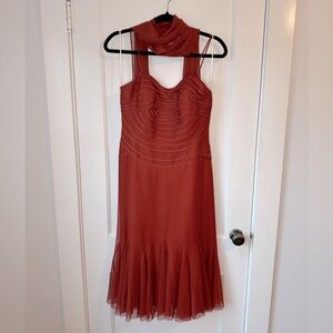 JS Collection Mesh Cocktail Dress with Scarf Size 8 (Rust color)